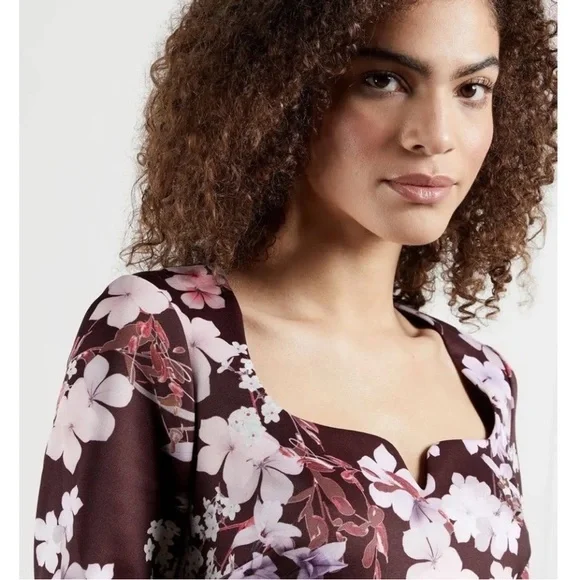 Ted Baker Heike Floral Purple and Pink Midi Square Neck Dress Sz US 6 /Ted Sz 2 - Picture 2 of 6